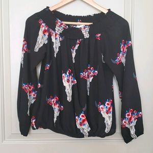 Peach Love CA Southwestern Bull Skull Floral Top